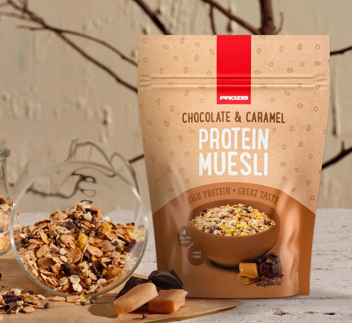 Muesli de proteínas 400 g de chocolate e caramelo 